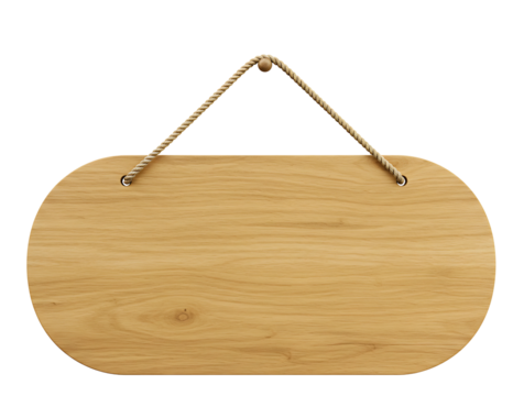 Oval wooden sign with rope hanger isolated on transparent background
