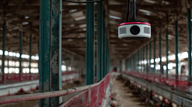 Interior of a closed poultry shed with temperature monitoring equipment