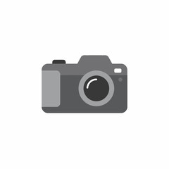 A simple, flat vector illustration of a gray camera with a lens, flash, and shutter button, isolated on a white background.