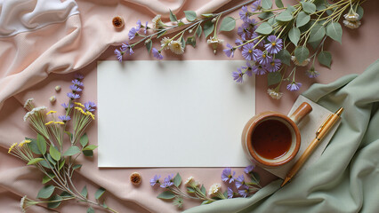 Flat Lay Floral Workspace with Blank Paper and Coffee Cup
