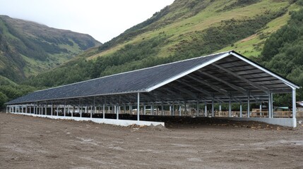 Newly constructed open-air cow shed with steel roof and concrete base