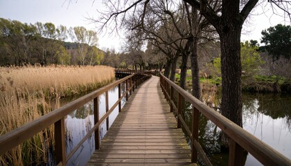 Wooden boardwalk through a tranquil marsh