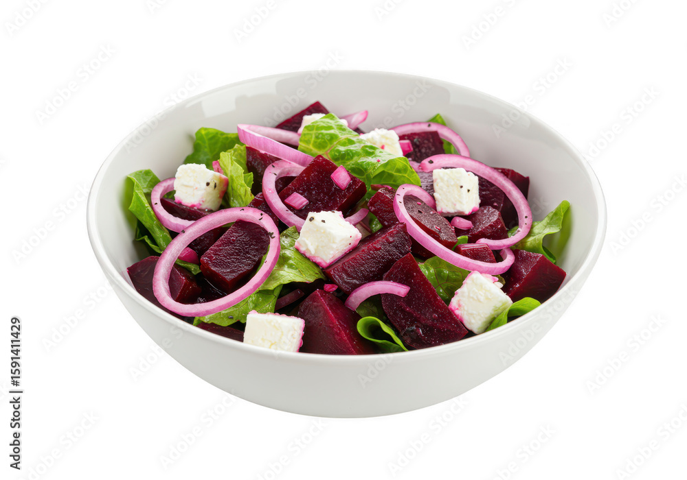 Poster a refreshing beetroot and feta cheese salad with crisp lettuce and red onion rings isolated on trans