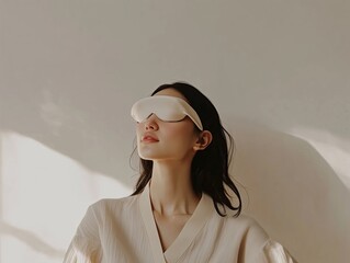Woman wearing futuristic eye mask in soft sunlight, showcasing modern beauty technology and serene self-care in minimalistic setting