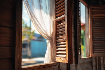 Soft Light Filtering through Open Window with Wooden Shutters