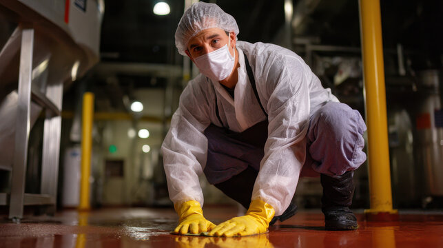 Worker in protective clothing cleaning floor with yellow gloves in industrial facility with focused expression