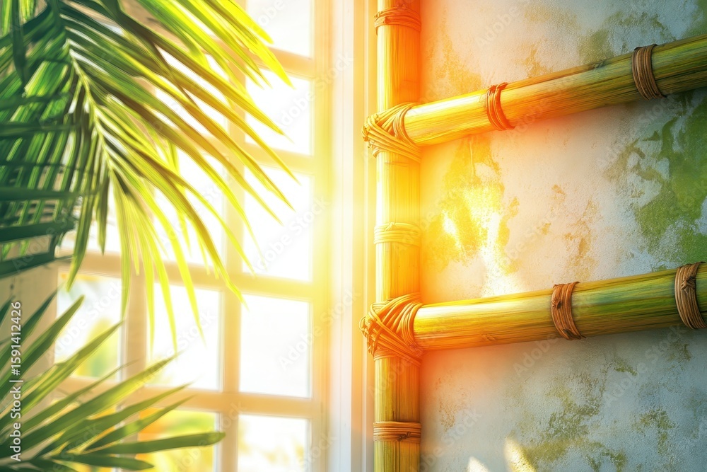 Poster sunlight streams through a window with bamboo decor.