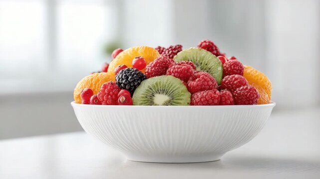 Fresh colorful fruit bowl with kiwi, raspberry, and orange slices