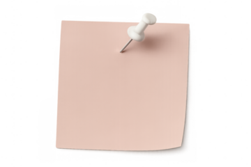 Pink sticky note pinned by white pushpin against transparent backdrop, highlighting minimal communication and note-taking design element