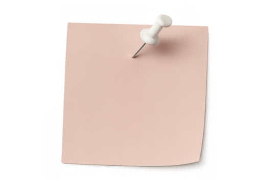 Pink sticky note pinned by white pushpin against transparent backdrop, highlighting minimal communication and note-taking design element