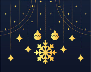 "Elegant Golden Snowflake and Ornaments Hanging on a Dark Blue Background | Festive Christmas Decoration Vector for Holiday Greeting Cards and Seasonal Designs"