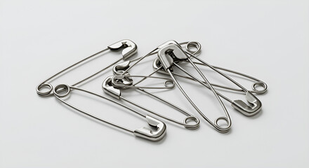 Several stacks of metal safety pins neatly arranged on a white background, showing clear shapes and details.