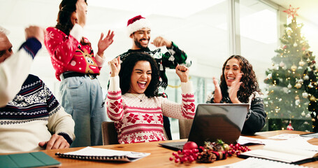 Happy, colleagues and applause in meeting, Christmas and excited for financial success in...