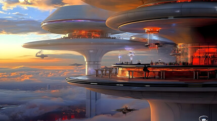 Futuristic floating city bar, sunset view, elevated, architectural, urban, aerial perspective, vibrant colours, cloudscape, and flying vehicles
