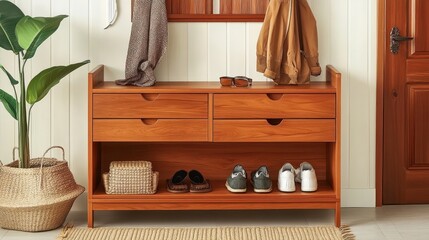 Wooden shoe cabinet with drawers and a shelf.