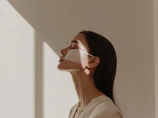 Woman wearing high-tech facial patch, bathed in soft natural light, representing futuristic skincare and serene self-care practices

woman, skincare, beauty, futuristic, innovation, t