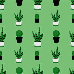  Seamless pattern with cacti on a green background