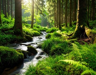 Sunlight streams through a lush forest. Tranquil creek flows through greenery
