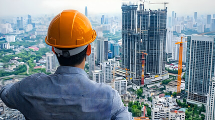Construction engineer overlooking urban skyline.  A person in an orange safety helmet,  observing a city with  construction sites, and various buildings