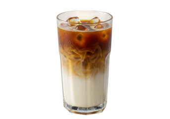 A tall glass filled with iced coffee latte, featuring creamy swirls and ice cubes, isolated on a transparent background