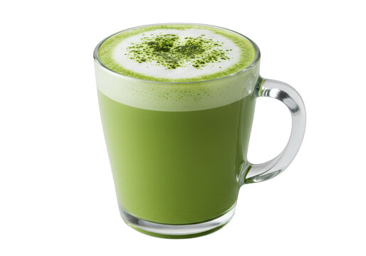A steaming mug of green matcha latte with frothy foam and a dusting of green powder, isolated on a transparent background