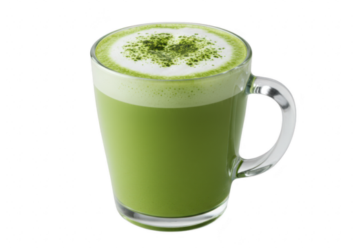 A steaming mug of green matcha latte with frothy foam and a dusting of green powder, isolated on a transparent background