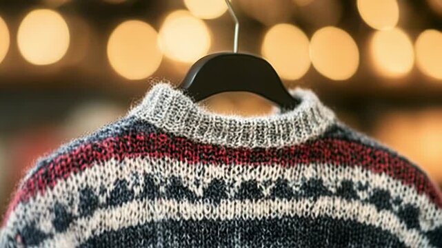 Cozy sweater on hook adorned with festive patterns and warm lights, creating cheerful holiday atmosphere perfect for winter celebrations