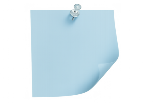Blank light blue sticky note secured by metallic pin, offering clean workspace for writing personal messages or quick reminders