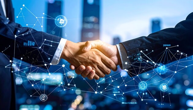 Business handshake with digital overlay.  City backdrop