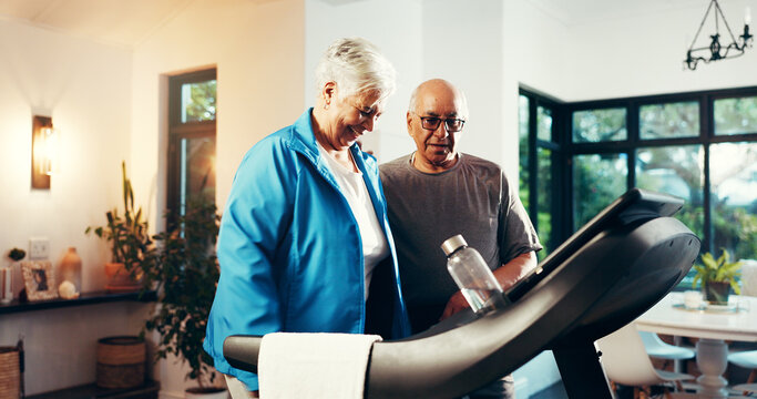 Old couple, treadmill and smile for exercise in home, walk and support with training in retirement. Senior man, woman and discussion with gym equipment, machine and steps with fitness in house