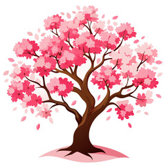 Beautiful pink cherry blossom tree with falling petals isolated on white background