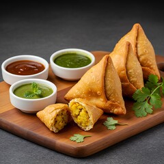  Indian Samosas with a savory potato and pea filling, served on a wooden board with mint chutney and tamarind chutney, garnished with fresh coriander,