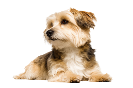 High-resolution png cutout of a friendly domestic dog with detailed fur texture and natural shadows, isolated on transparent background for seamless integration in pet care, veterinary