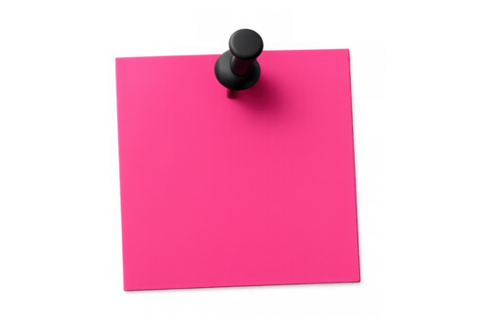 Blank pink sticky note secured by black pushpin, offering clean workspace for personalized writing and quick memory aids