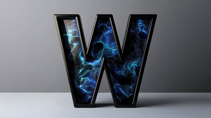 Black capital letter W with glowing blue inner design