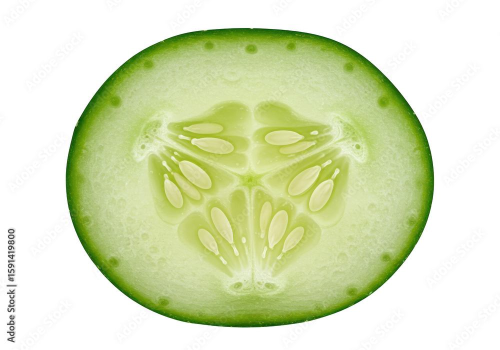 Poster a fresh green cucumber slice with visible seeds, isolated on a transparent background