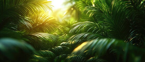 Lush, green palm fronds form a canopy as sunlight streams through tropical foliage