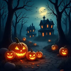 Fototapeta premium Spooky Halloween night in a haunted forest with glowing jack-o'-lanterns, eerie full moon, and abandoned houses, while creepy carved pumpkins light the cobblestone path.