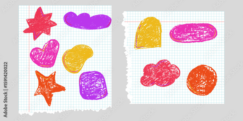 Fototapete cute hand drawn doodle crayon text box on torn grid paper vector. highlight label in pink and red on