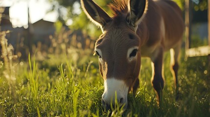 Closeup of donkey eating grass under clear sky high resolution picture