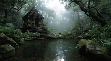 a unseen image of a temple located in a deep side of the rainy forest where no one can access.