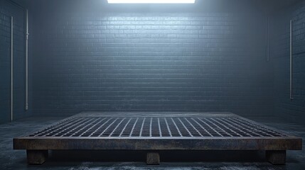 Industrial platform in a dark, cold, brick room with overhead lighting, creates a stark space