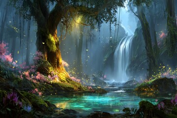 Enchanted Forest Scene With Waterfall And Glowing Plants