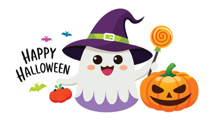 Cute halloween ghost wearing a witch hat holding a lollipop with a pumpkin and bats around it