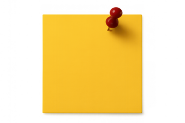 Yellow sticky note pinned with red pushpin, highlighting organizational tool against clean transparent surface for quick memory assistance