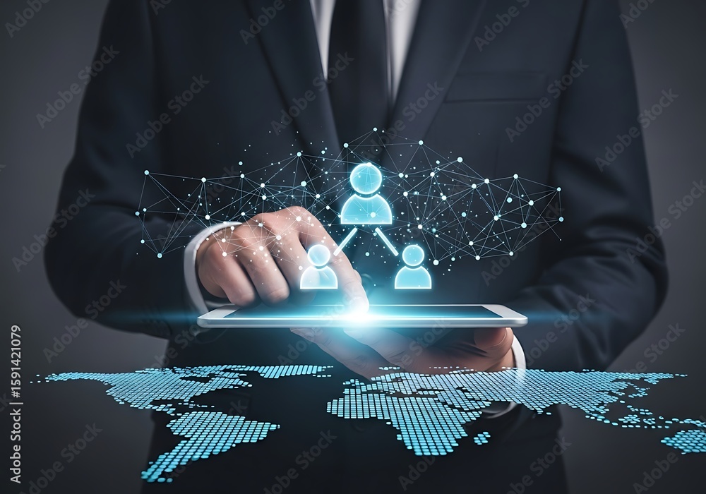 Poster global business network connection with digital technology and human resources