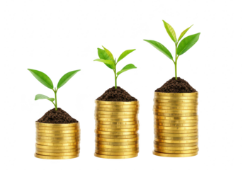 Three stacks of gold coins with green sprouts growing from them, symbolizing financial growth, isolated on a transparent background
