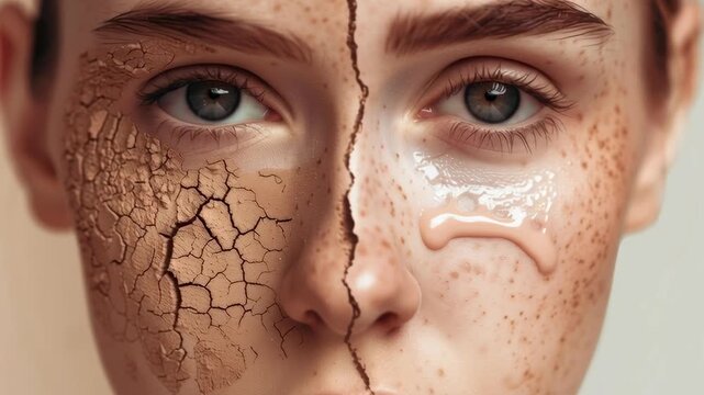 A woman's face is split in half, with one side showing dry, cracked skin and the other side showing a wet, puffy appearance. The contrast between the two sides creates a striking visual effect
