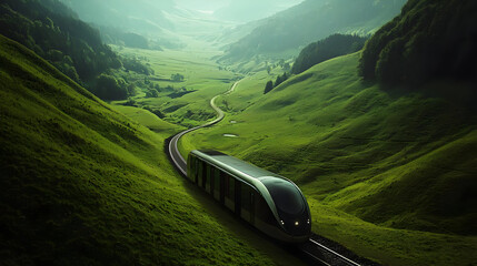 Scenic train journey through lush green valley.  A modern train glides along a winding mountain path.  Surrounding valley is vibrant green and tranquil