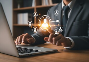 Business professional targeting customer audience through digital marketing analytics on laptop screen